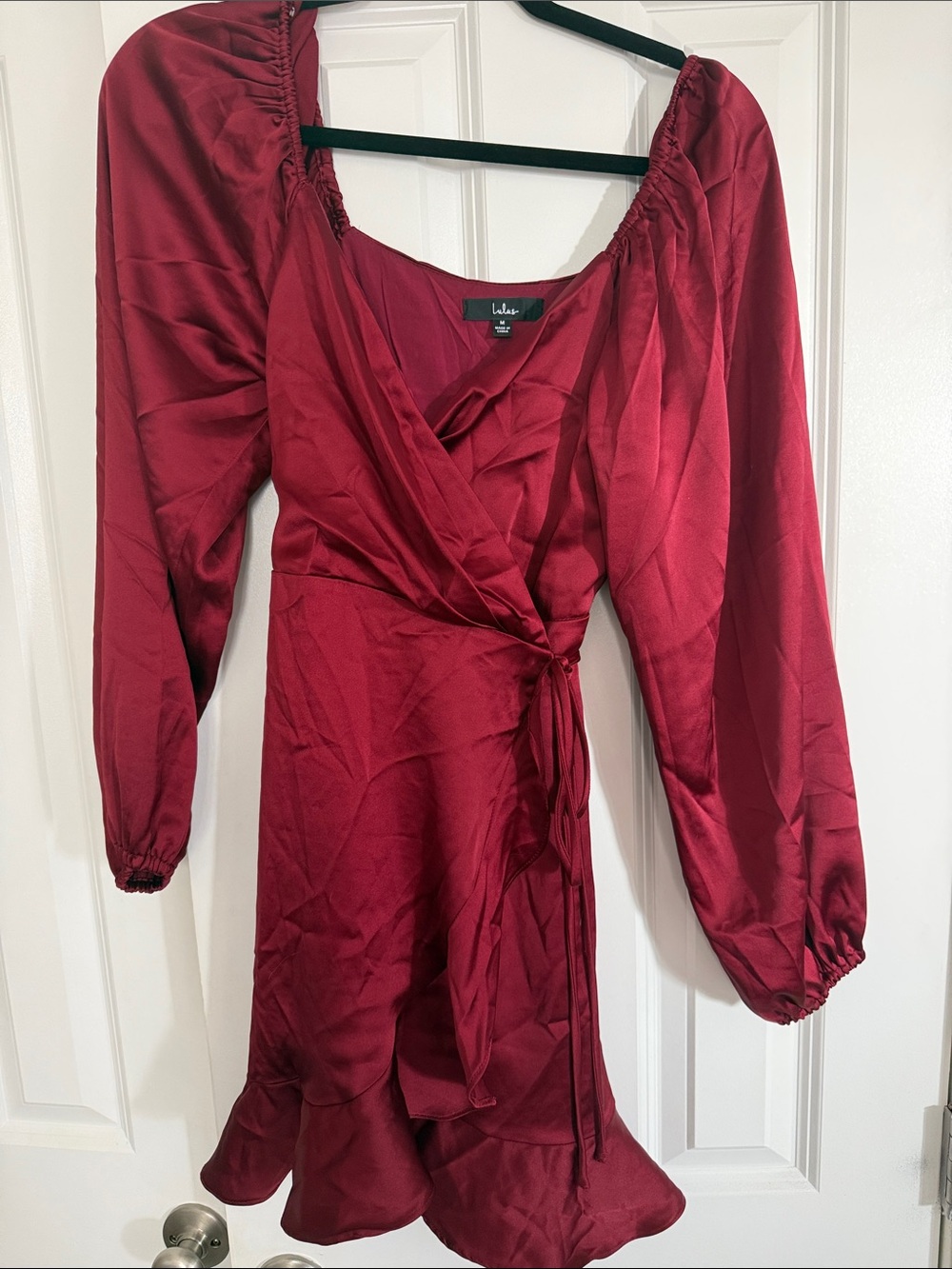 Lulu's Burgundy Satin Long-Sleeve Wrap Dress